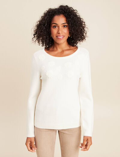 Pull brod&eacute; col rond manches longues ecru femme