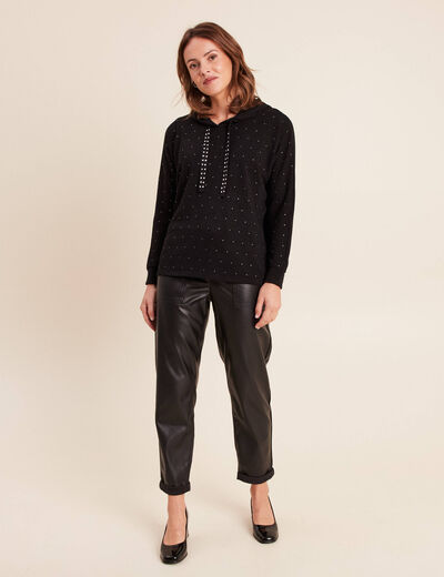 Sweat &agrave; capuche manches longues strass noir femme