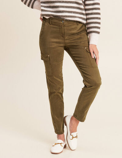 Pantalon ajusté satin 7/8ème vert olive femme