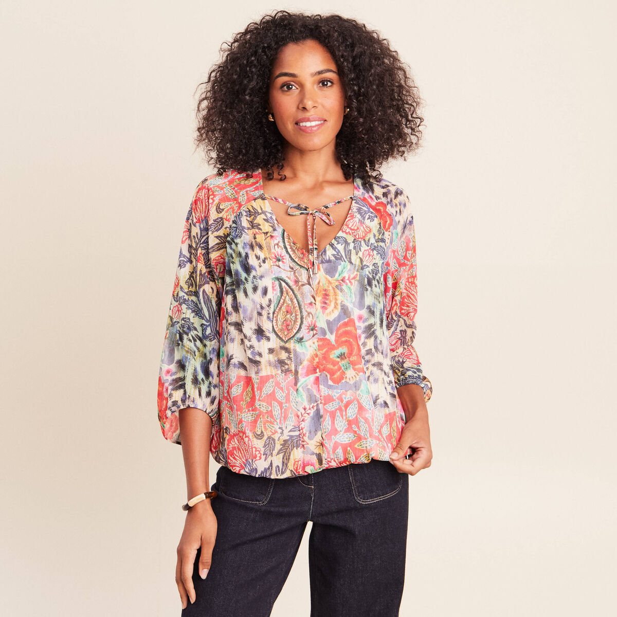 Blouse cintr&eacute;e col v manches 3/4 multicolore femme