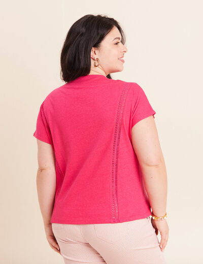 T-shirt col rond macram&eacute; manches courtes rose fushia femme
