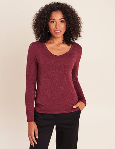 T-shirt ajust&eacute; col v manches longues bordeaux femme