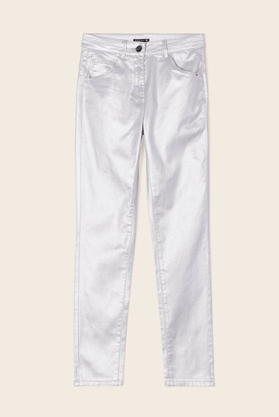Pantalon ajusté enduit gris argent femme