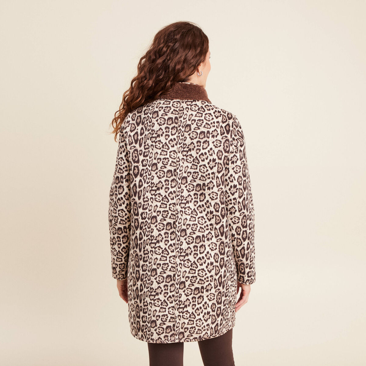 Manteau imprim&eacute; r&eacute;versible marron fonc&eacute; femme