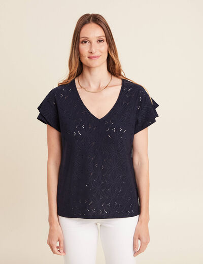 T-shirt droit col V manches courtes bleu fonc&eacute; femme