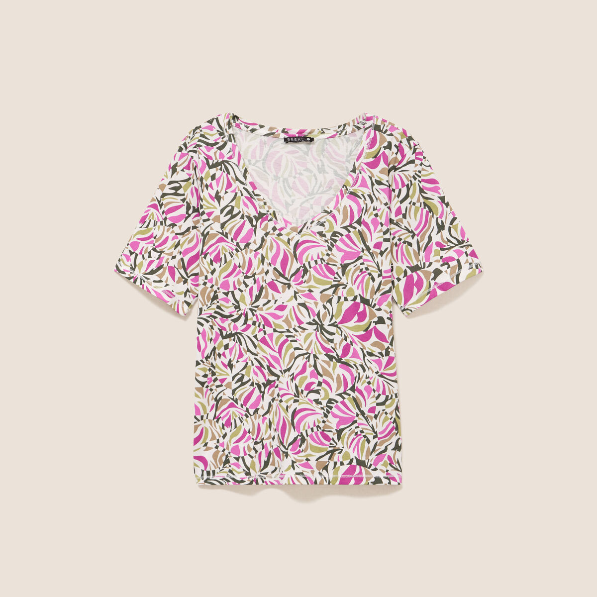 T-shirt col V manches courtes vert kaki femme