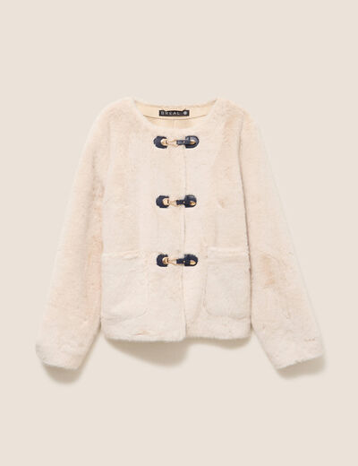 Manteau sans col en fausse fourrure ivoire femme