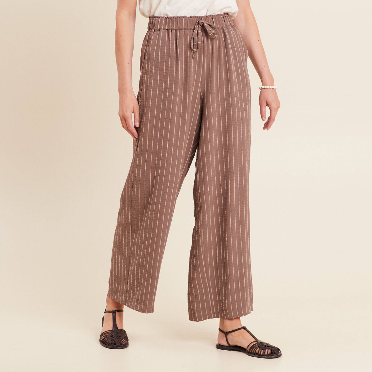 Pantalon large taille haute taupe femme