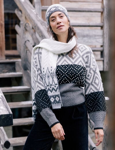 Pull jacquard col rond gris femme