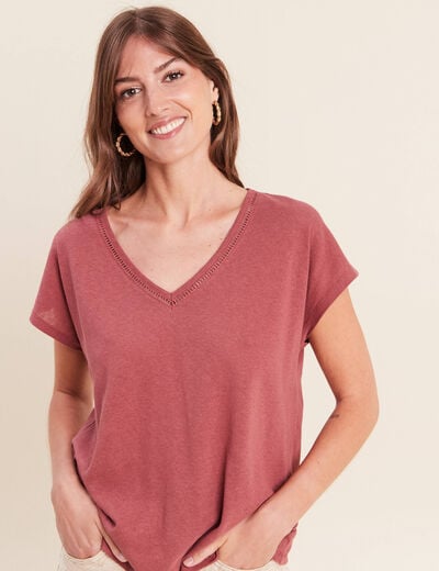 T-shirt col v manches courtes aspect lin vieux rose femme