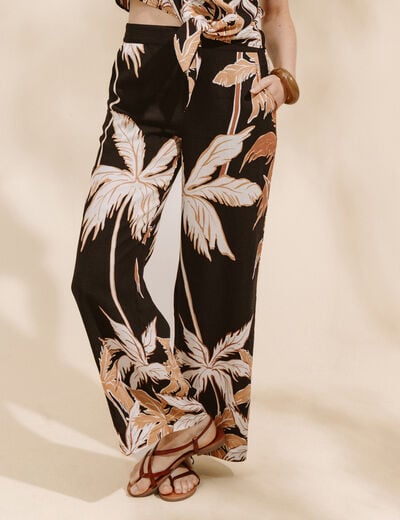 Pantalon large taille haute noir femme