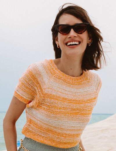 Pull col rond manches courtes orange fluo femme
