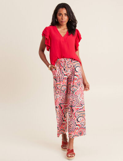 Blouse manches courtes volants rouge femme