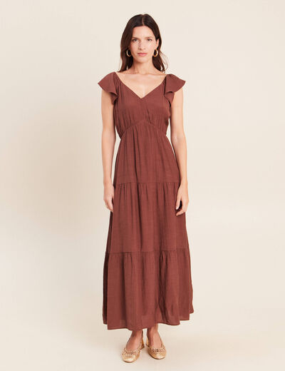 Robe longue &eacute;vas&eacute;e manches courtes marron femme