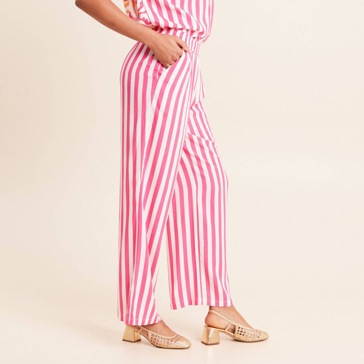 Pantalon fluide et large taille standard rose fushia femme