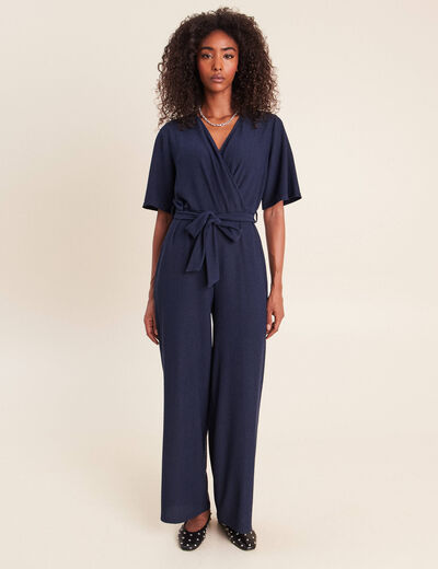 Combinaison large col v manches courtes bleu marine femme