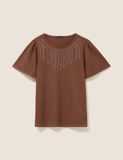 Blouse broderie col rond manches courtes marron femme