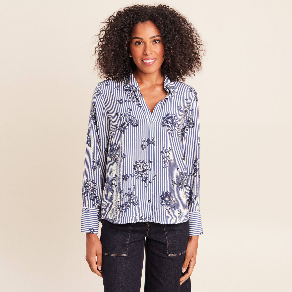 Chemise droite manches longues bleu fonc&eacute; femme