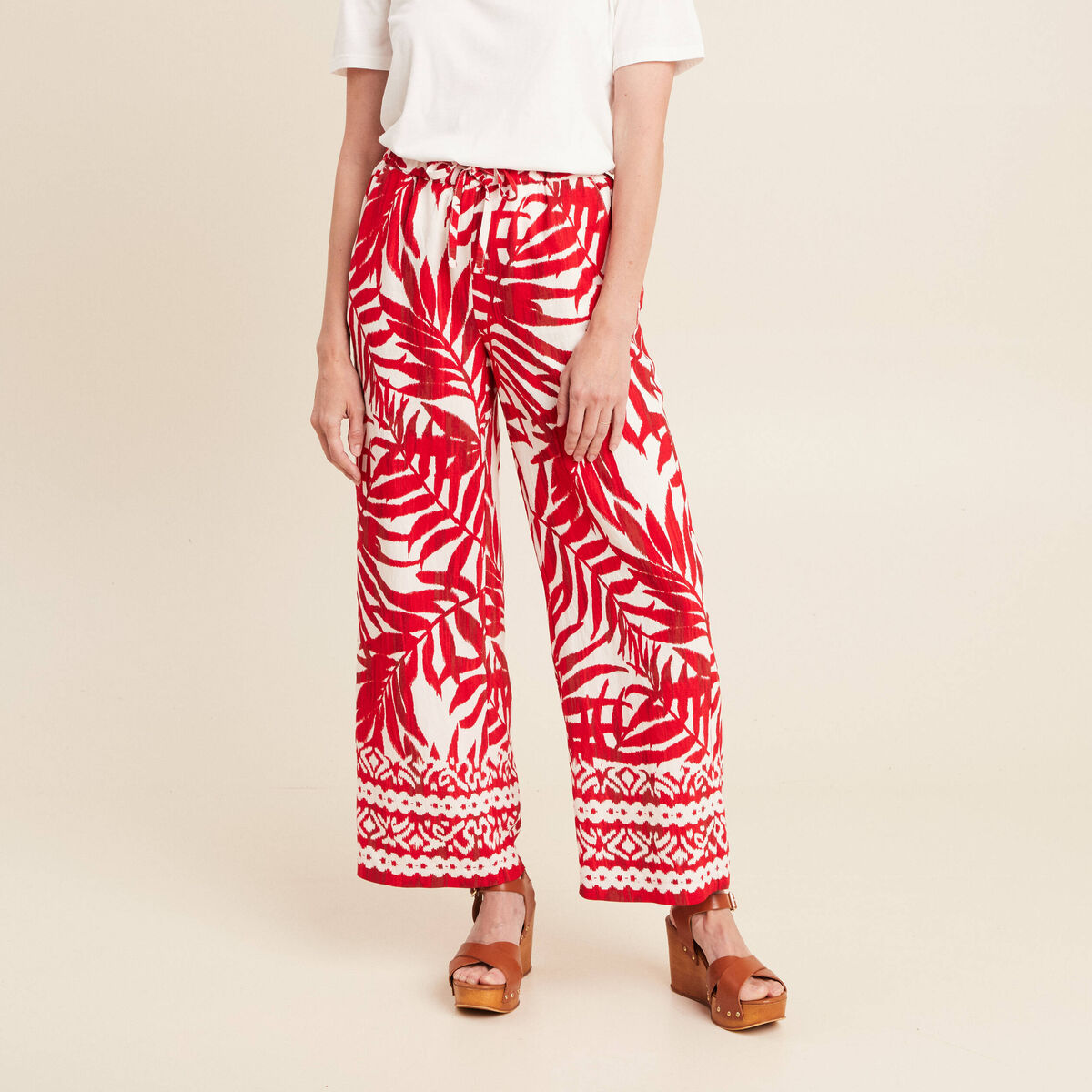 Pantalon large taille haute ecru femme
