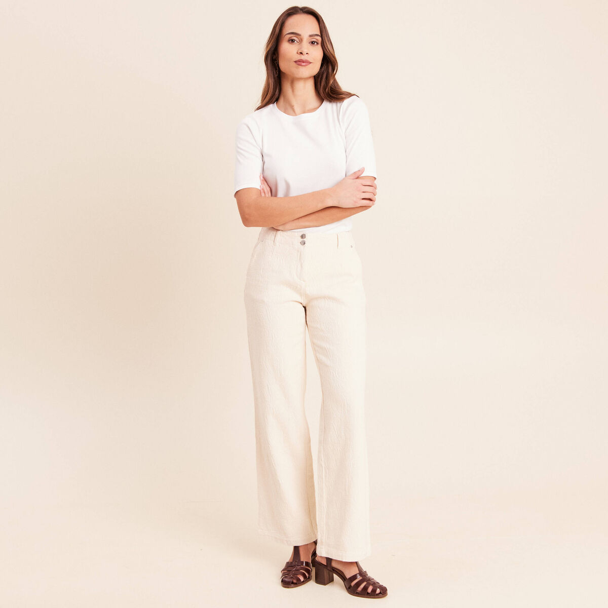Pantalon coupe droite taille standard ivoire femme