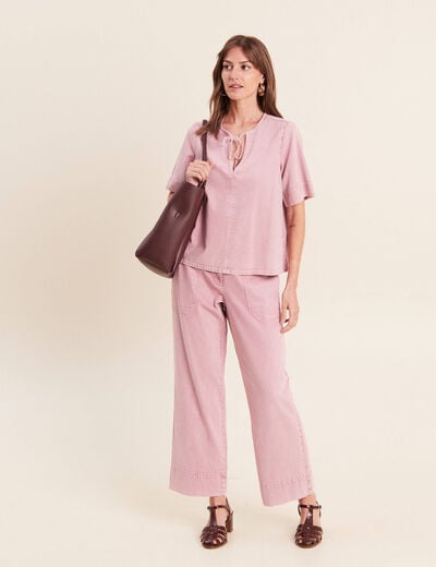 Pantalon large taille haute fluide rose femme