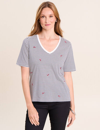 T-shirt droit broderie manches courtes bleu femme