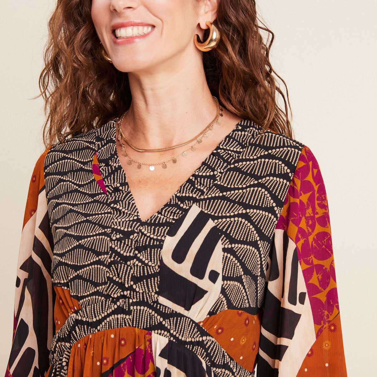 Robe &eacute;vas&eacute;e fluide manches 3/4 multicolore femme