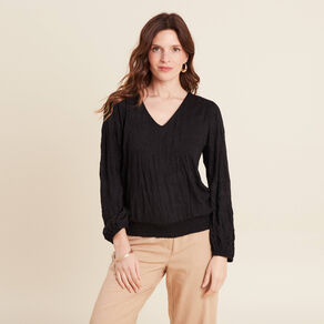 Top droit col V manches longues noir femme