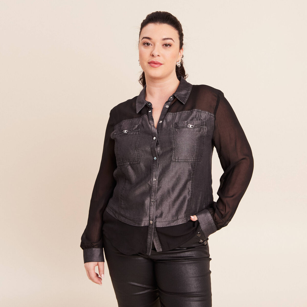 Chemise bi-mati&egrave;re manches longues denim gris femme