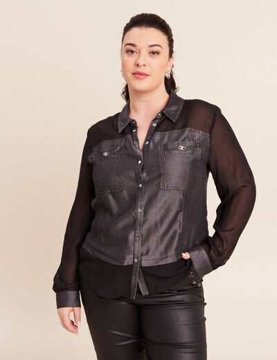 Chemise bi-mati&egrave;re manches longues denim gris femme