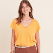 T-shirt col v manches courtes aspect lin orange clair femme