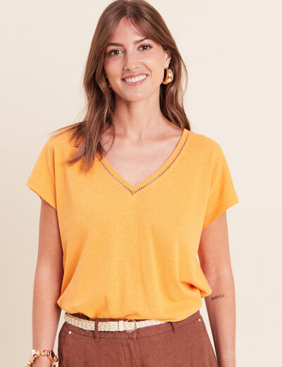 T-shirt col v manches courtes aspect lin orange clair femme