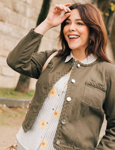 Veste en jean détails tressés vert olive femme