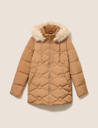 Doudoune d&eacute;perlante &agrave; capuche beige femme