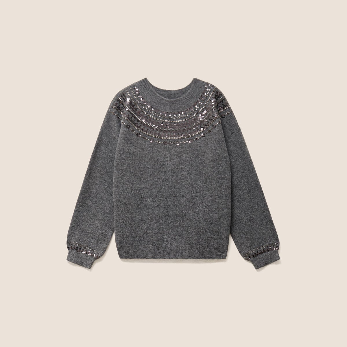 Pull col rond &agrave; sequins gris fonc&eacute; femme