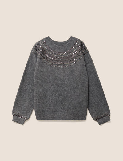 Pull col rond &agrave; sequins gris fonc&eacute; femme