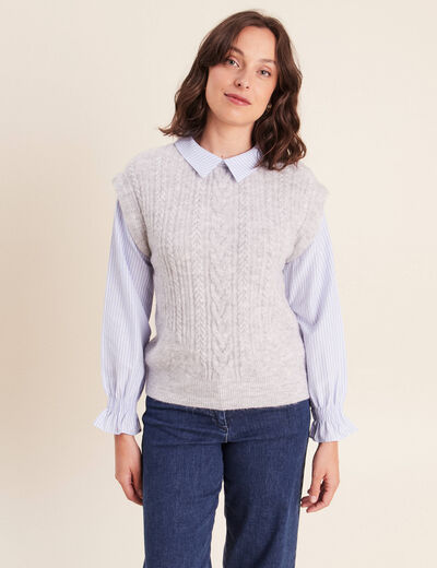 Pull bi-mati&egrave;re col chemise gris clair femme