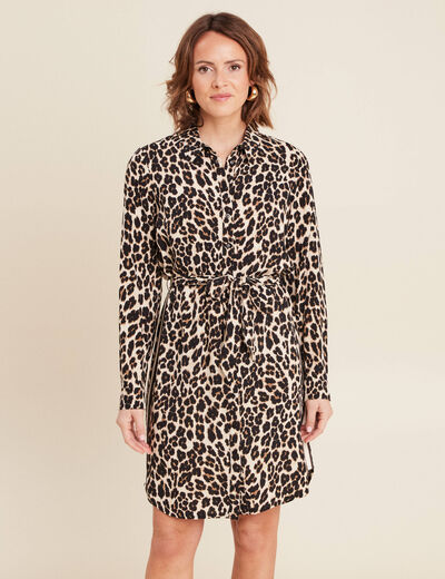 Robe droite fluide ceinturée creme femme