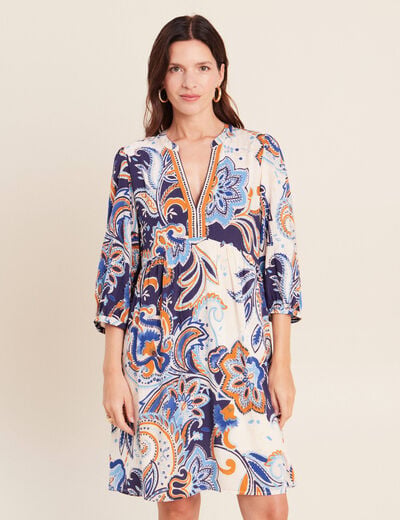 Robe courte &eacute;vas&eacute;e col v manches 3/4 bleu femme