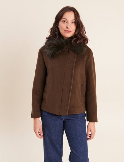 Manteau manches longues col fourrure vert kaki femme