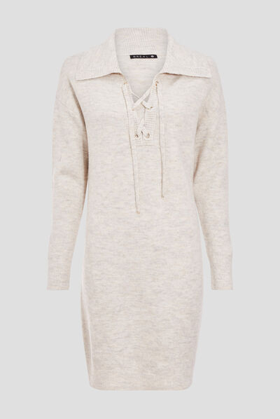 Robe pull droite avec laçage creme femme