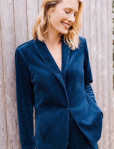 Veste tailleur velours bleu marine femme