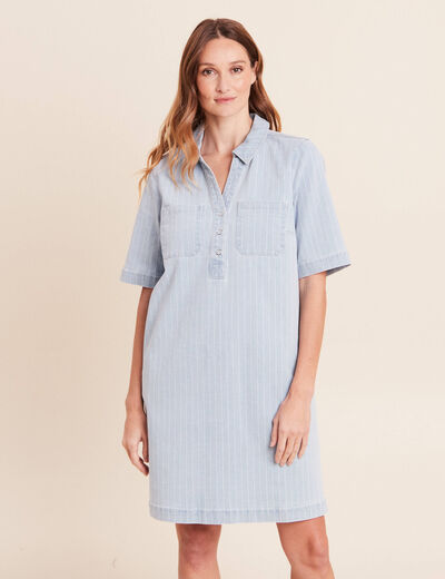 Robe courte &eacute;vas&eacute;e en jean col chemise blanc femme