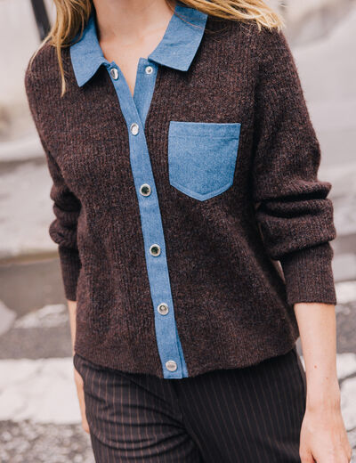 Gilet col chemise manches longues marron fonc&eacute; femme