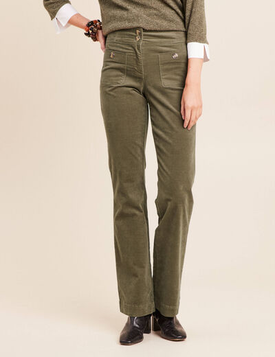 Pantalon bootcut taille haute velours vert kaki femme