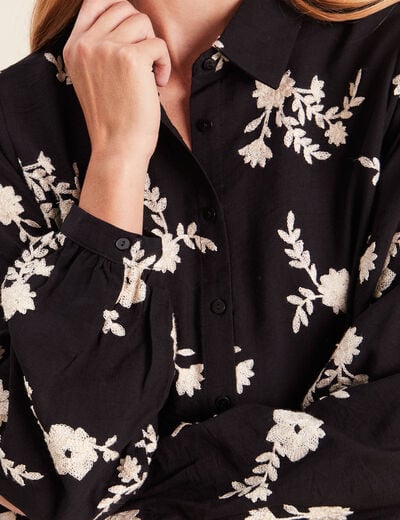 Chemise fluide brod&eacute;e manches longues noir femme