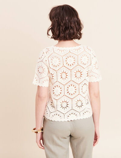 Pull col rond manches courtes dentelle ecru femme