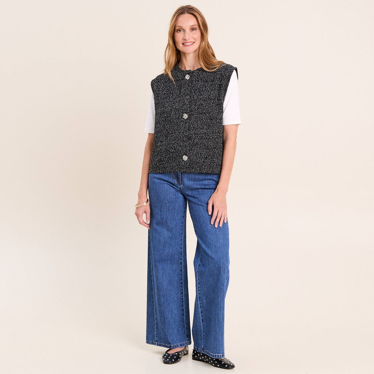 Gilet tweed droit court sans manches noir femme