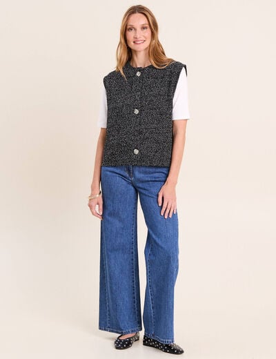 Gilet tweed droit court sans manches noir femme