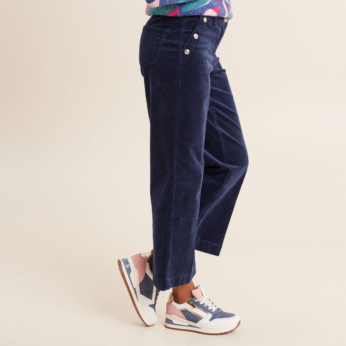 Pantalon large velours c&ocirc;tel&eacute; bleu marine femme